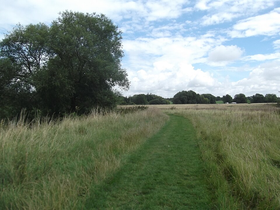 A mown path through grassland and young woodland in the Heart of England Forest near Welford-on-Avon